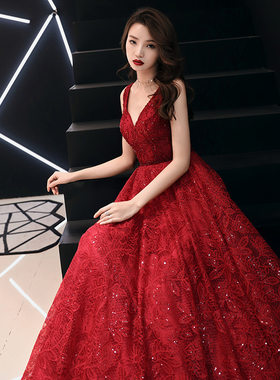 敬酒服新娘2025秋冬新款结婚酒红色V领年会主持人晚礼服裙女长款