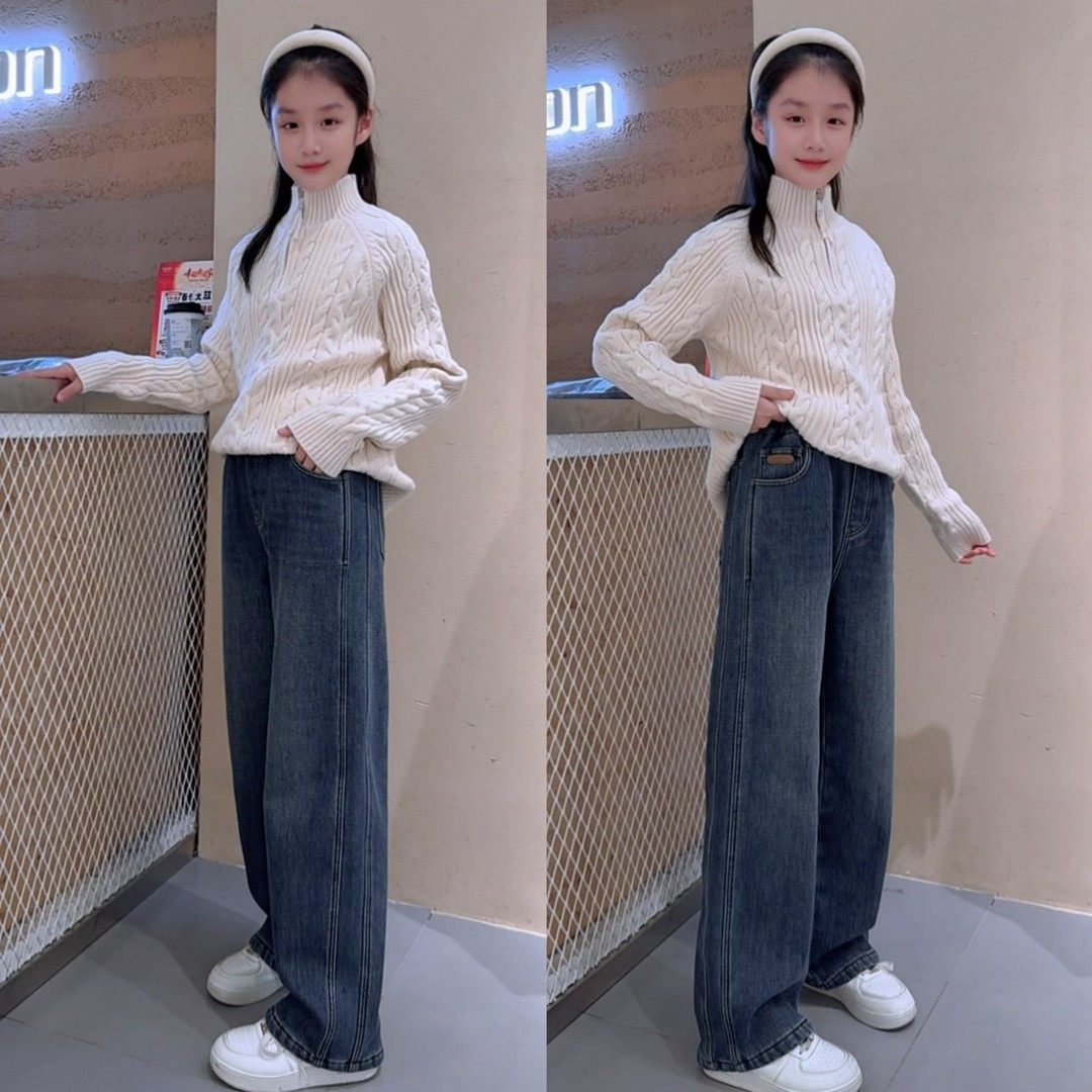 女童秋冬休闲毛衣加绒弹力牛仔裤套装春秋显瘦高腰百搭外穿阔腿,童装/婴儿装/亲子装,儿童牛仔裤,淘宝优惠券,粉丝福利购,淘宝优惠卷