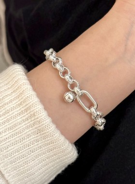 925银手链 韩国ins风简约重工百搭个性捶打纹圆环铃铛手链女 2597