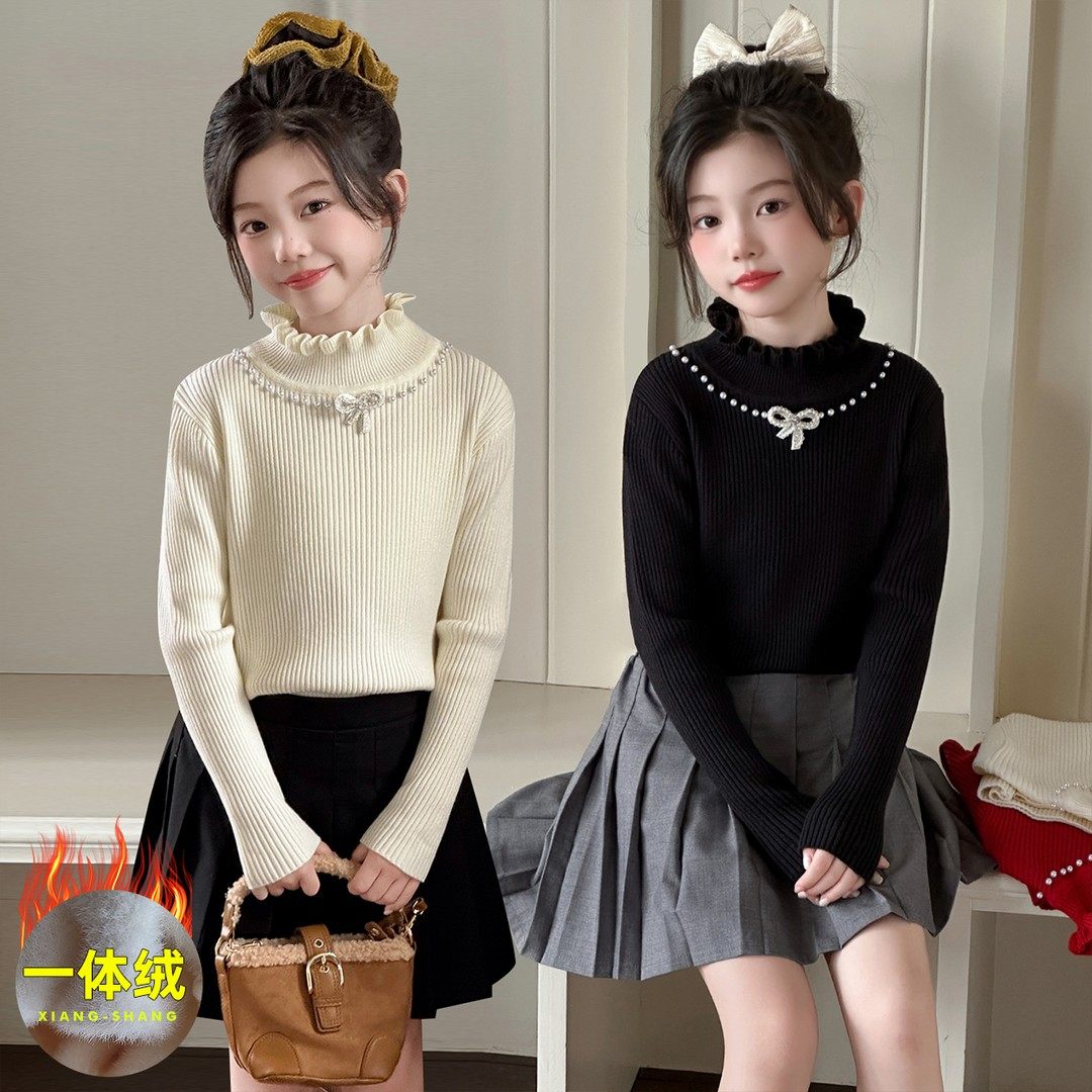 一体绒女童毛衣冬装洋气儿童花边半高领上衣蝴蝶结保暖内搭针织衫,童装/婴儿装/亲子装,毛衣/针织衫,淘宝优惠券,粉丝福利购,淘宝优惠卷