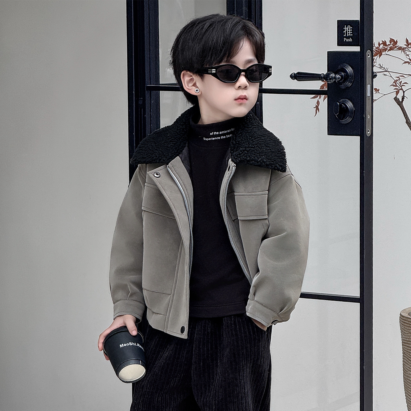 男童秋冬套装新款帅气夹棉加厚毛领夹克上衣男孩冬季痞帅保暖外套