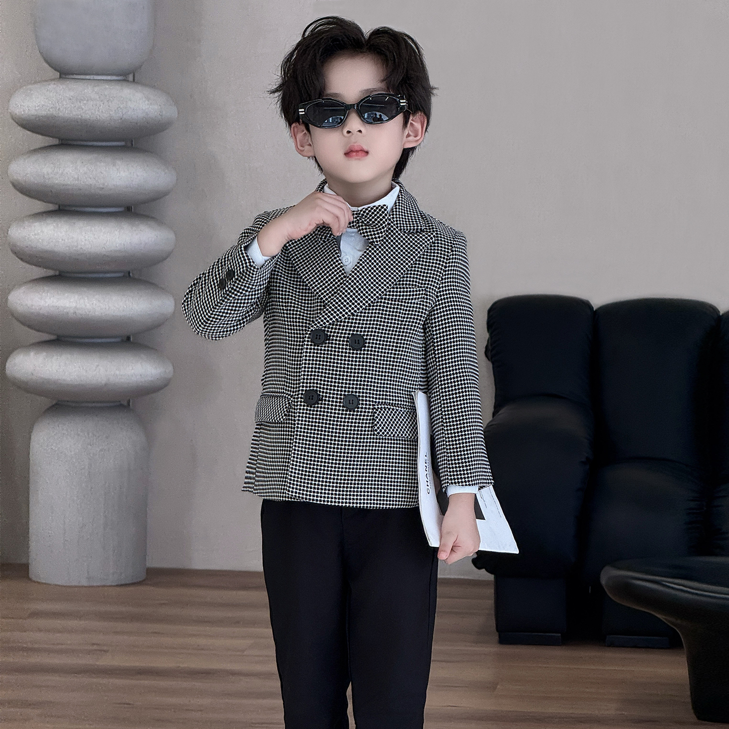 儿童西装套装男童格子英伦风外套宝宝周岁生日礼服花童主持演出服