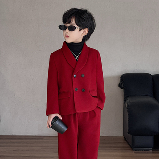 男童呢子西装套装秋冬加绒高级感休闲西服花童礼服儿童元旦演出服