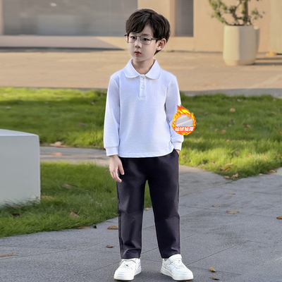 儿童学院风白色加绒polo衫套装