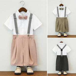 男童礼服夏季2025新款儿童英伦风小主持人背带短裤男宝钢琴演出服