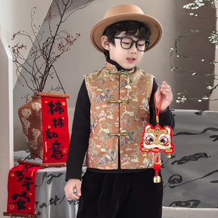 新年服2026男童新中式国风马甲套装儿童缎面唐装喜庆拜年冬季服装