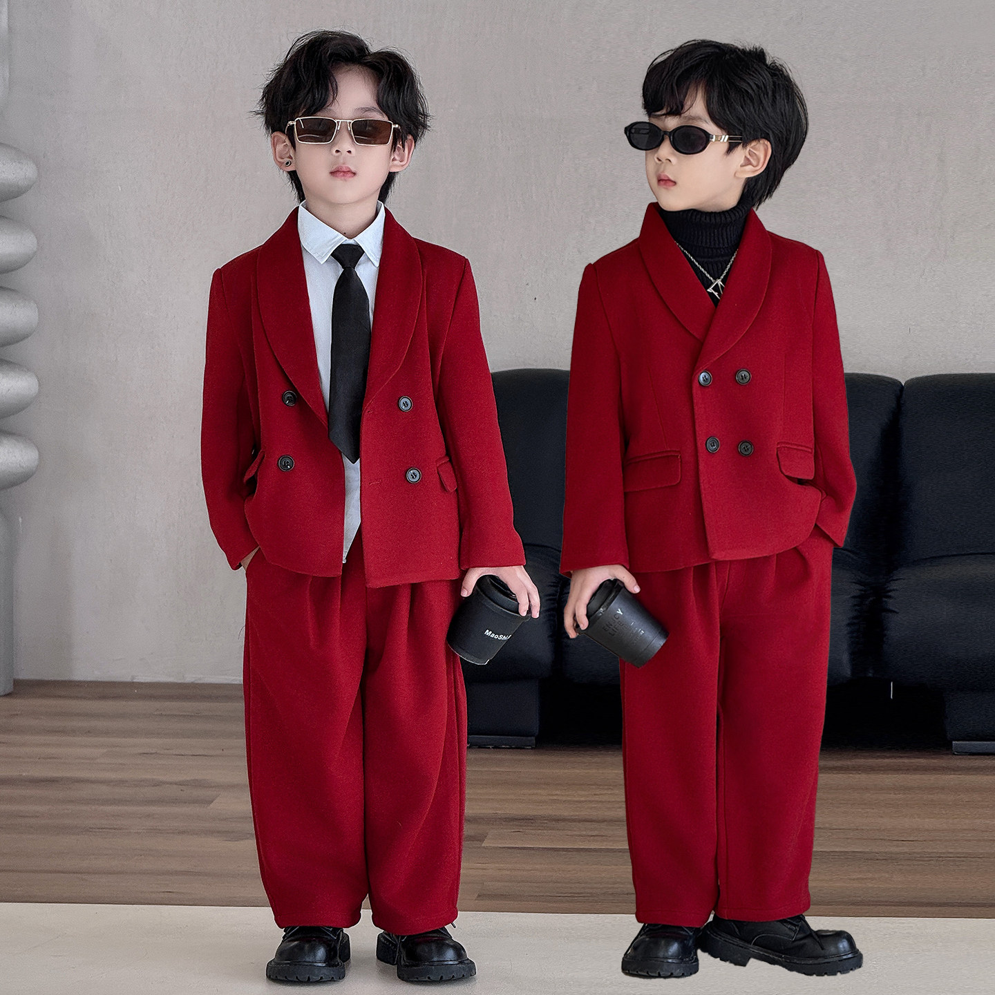 呢子男童西装套装秋冬加绒休闲小西服元旦花童礼服儿童生日演出服