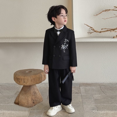 男童礼服2025国风刺绣小西服套装
