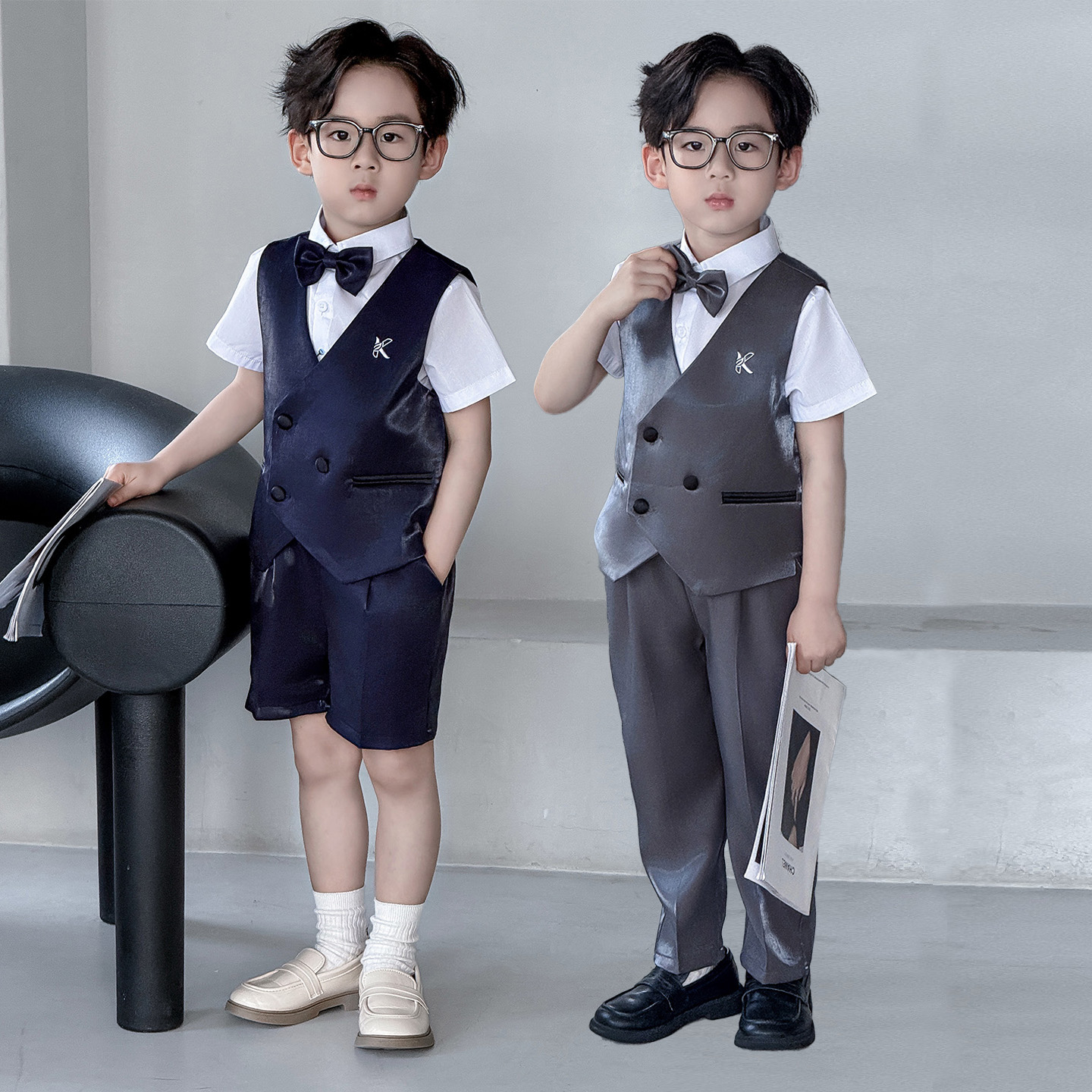 儿童西装套装2025新款夏高端小主持人花童礼服英伦风男童钢琴演出