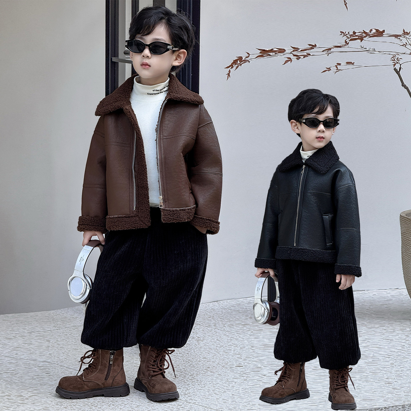 儿童秋冬加绒外套2025新款男童痞帅翻毛领皮夹克上衣男孩休闲套装