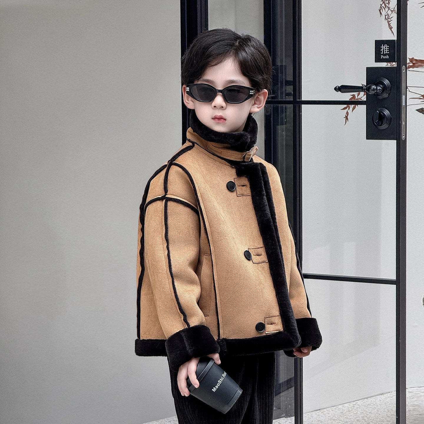 儿童外套2025秋冬新款男童加绒翻毛领夹克上衣男孩痞帅保暖套装潮