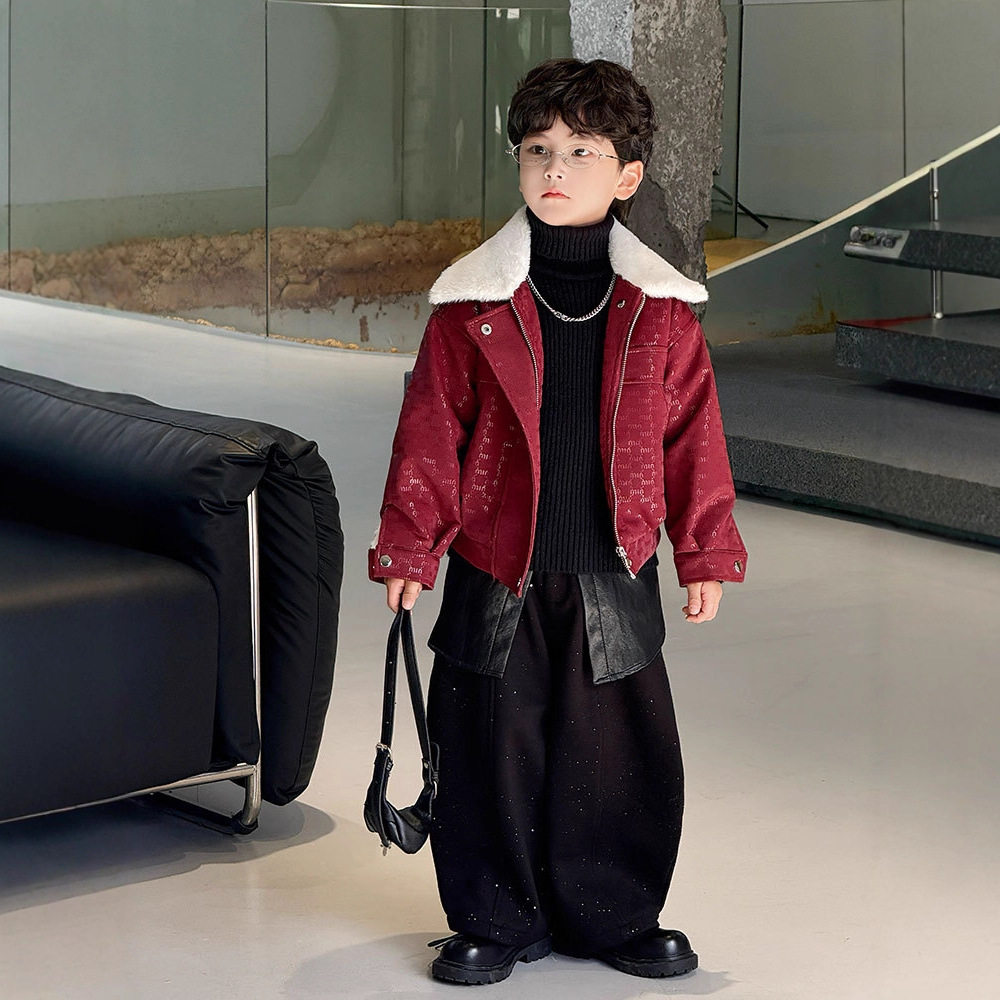儿童加绒皮夹克套装痞帅