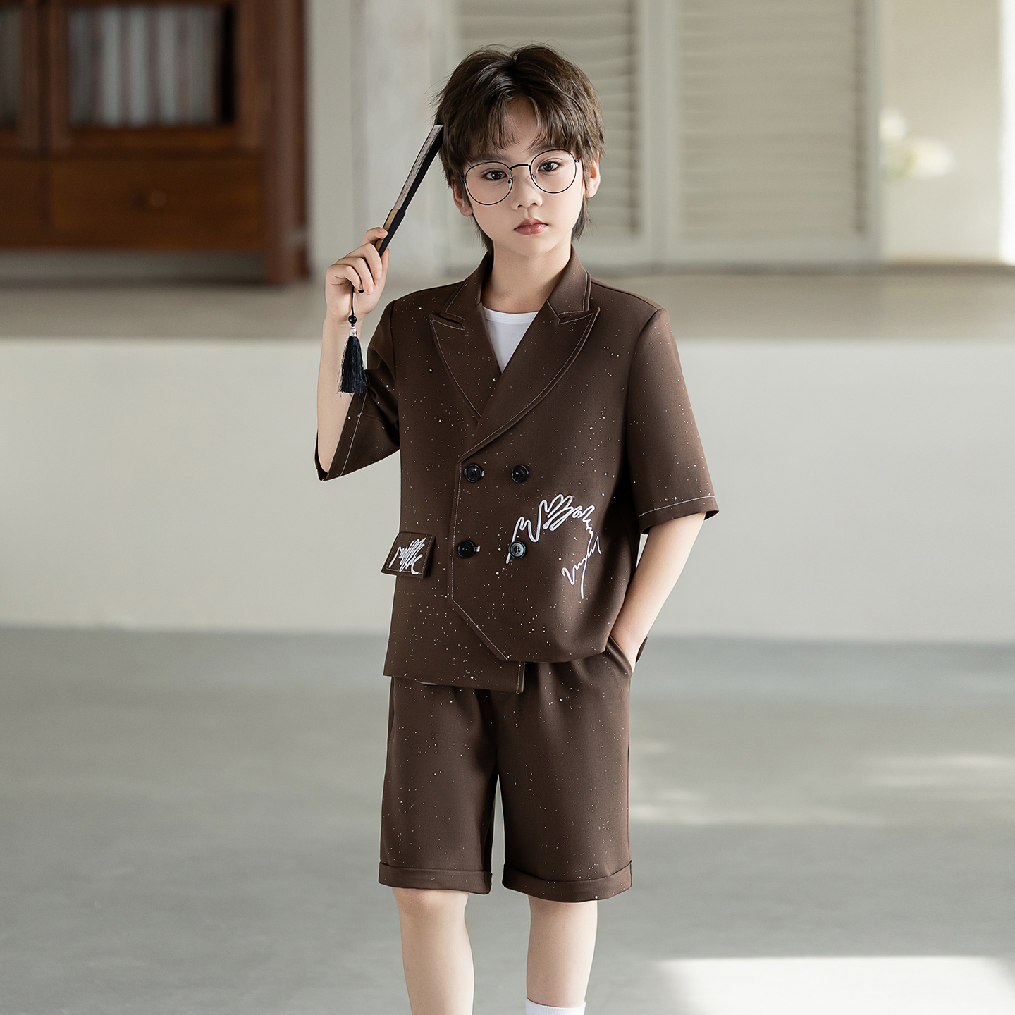 男童礼服高级感短袖西服套装2026夏季儿童小主持人花童演出西装潮
