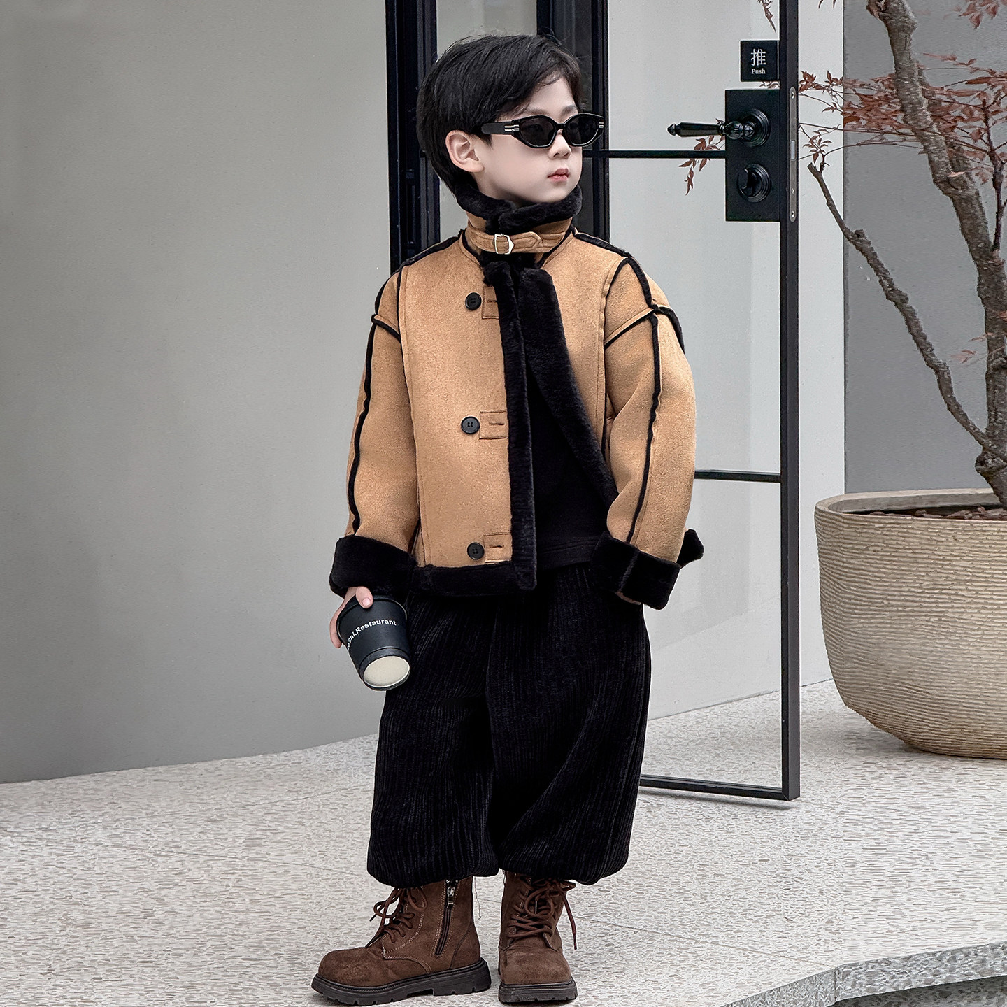 男童外套2025秋冬新款儿童加绒翻毛领夹克小男孩痞帅加厚保暖套装