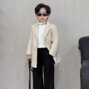 儿童呢子大衣高级感男童帅气冬季夹棉保暖上衣中大童英伦风外套潮