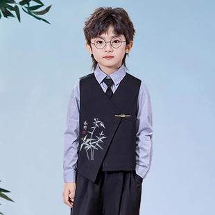 男童礼服2025春秋新款 国风刺绣演出服男孩生日花童西服 儿童新中式