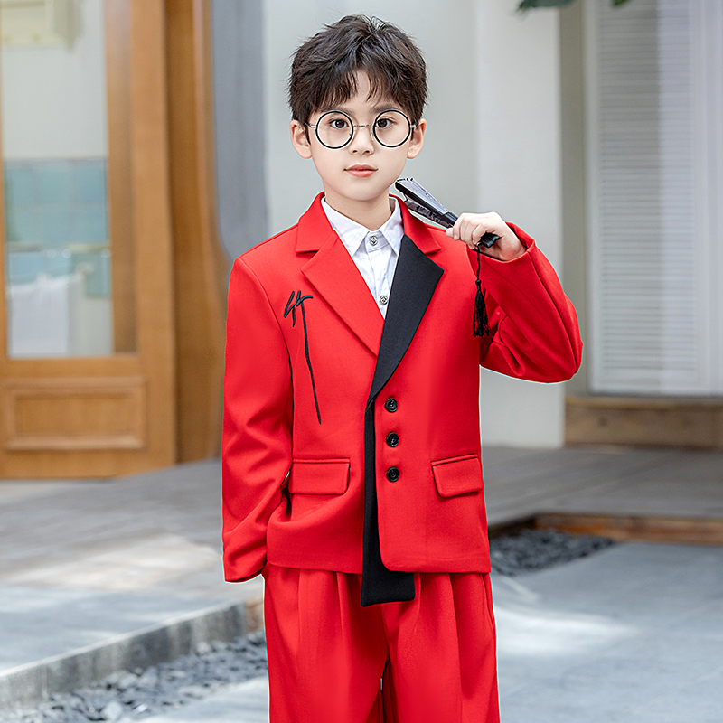 男童西装套装儿童帅气国风刺绣青少年元旦演出服主持人花童小西服