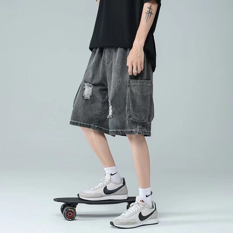 破洞牛仔短裤男夏季n潮牌工装裤子潮流宽松五分裤设计感小众大裤