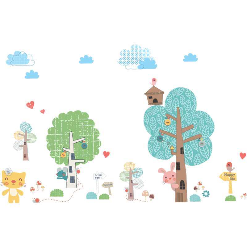 卡通儿童房卧室背景清新装饰小树林贴画可爱幼儿园自粘壁纸墙贴纸
