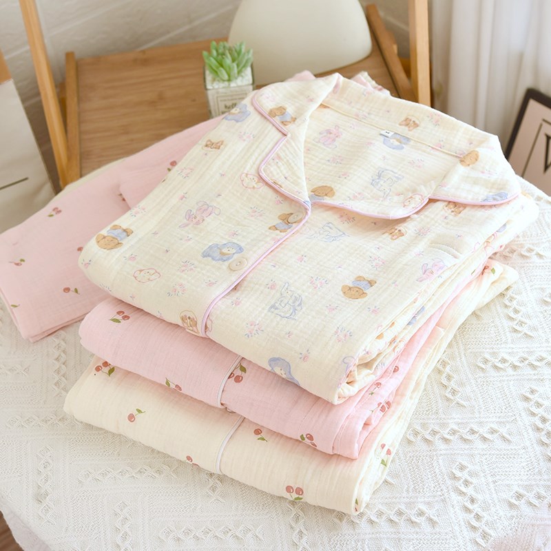 春夏纯棉绉布月子服产后哺v乳孕妇睡衣女秋薄款产妇喂奶套装家居