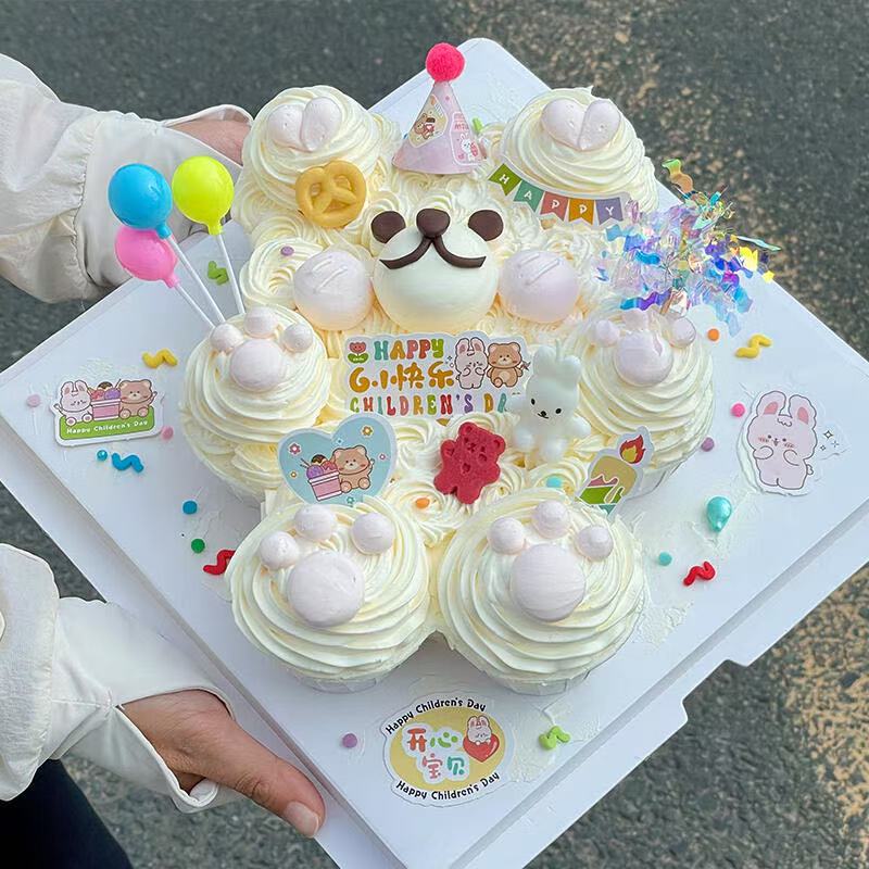 六一儿童节小熊纸杯造型蛋糕装饰61迷你蝴蝶结毛球帽雨丝烘焙插件