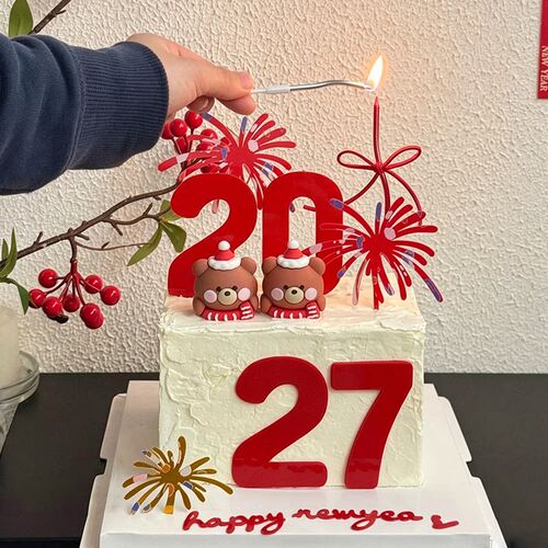 网红新年2027礼花亚克力蛋糕装饰 围巾小熊跨年新年烘焙摆件插牌
