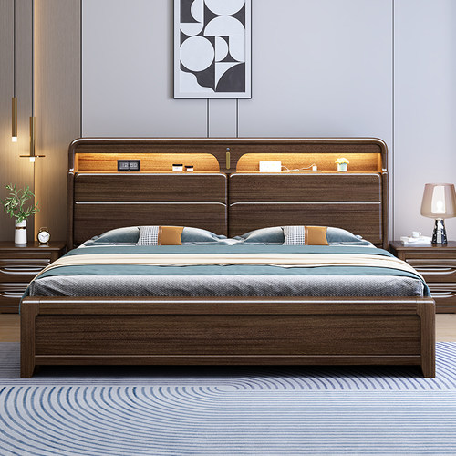 胡桃木全实木多功能收纳床