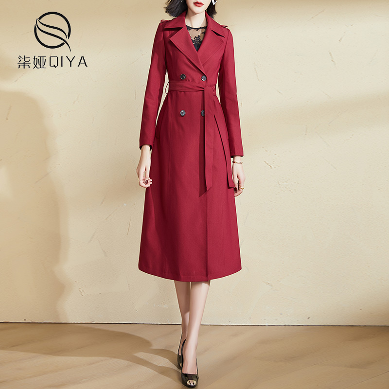 红色风衣女春秋2024年新款早春薄款气质休闲收腰中长款外套大衣