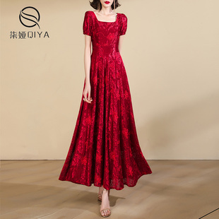 清仓福利法式蕾丝绣花连衣裙女夏装酒红色泡泡袖气质收腰长款裙子