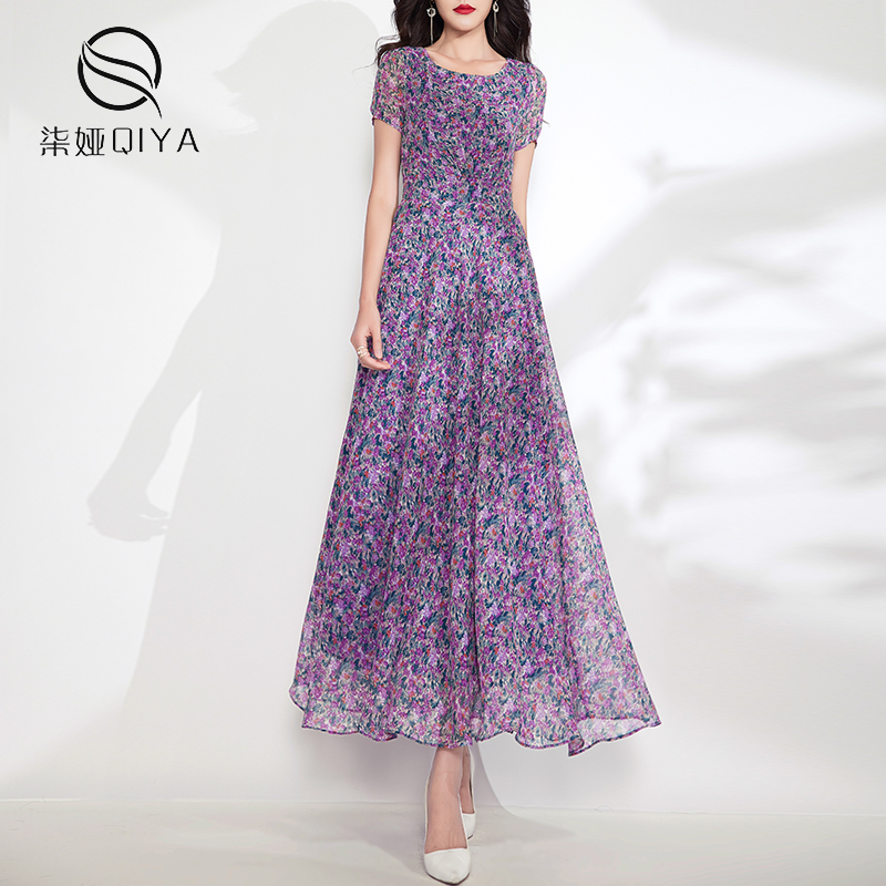 时尚雪纺小碎花连衣裙女夏季2025年新款气质圆领优雅显瘦收腰长裙