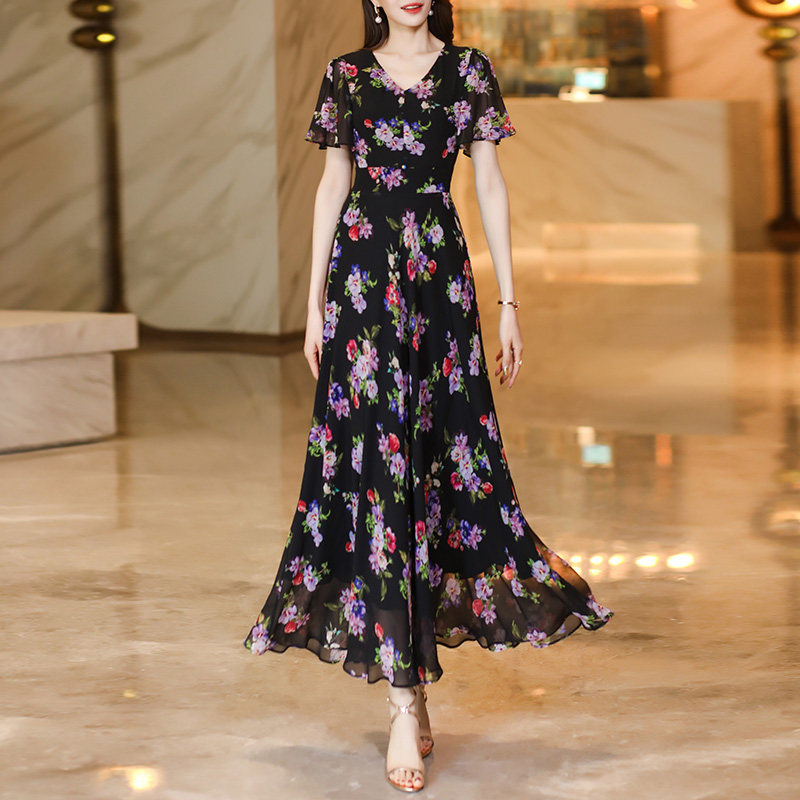 清仓福利雪纺连衣裙女夏装2025年新款飞飞袖印花V领收腰长款裙子