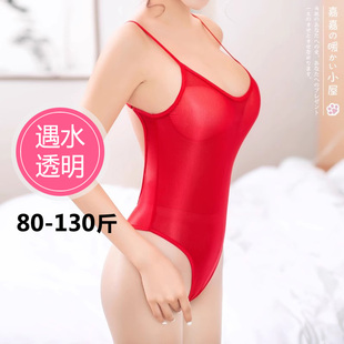 遇水透明泳衣女日系软妹油亮高弹超薄透视连体吊带紧身油光死水库