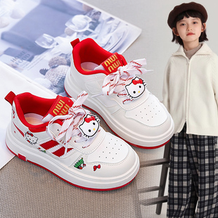 女童红白拼色运动鞋2026春秋新款皮面卡通公主鞋儿童软底跑步单鞋