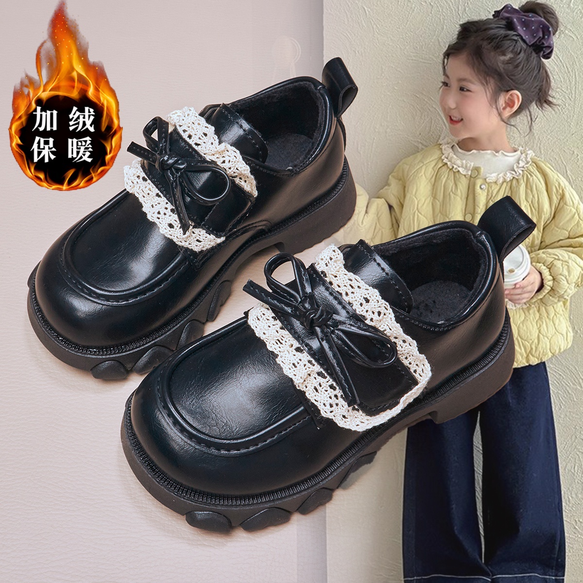 女童加绒保暖2025冬玛丽珍鞋女童蝴蝶结花边复古英伦风百搭小皮鞋