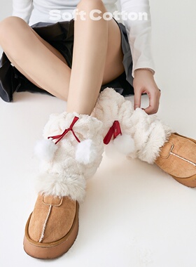 日系jk白色袜套女lolita加绒加厚保暖蝴蝶结毛球小腿堆堆袜护腿套