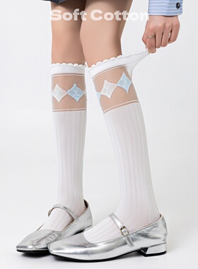 袜子女长筒白色花边泡泡口日系Lolita及膝高筒袜菱形格小腿堆堆袜