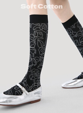 黑色小腿袜女春夏款黑色玫瑰提花长筒袜子日系学院风堆堆袜高筒袜