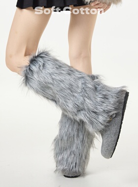冬季y2k辣妹仿皮草灰色毛绒腿套毛毛堆堆袜套女士日系文艺学院风