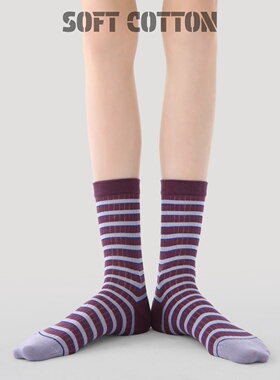 紫色袜子女春夏款日系学院风简约百搭条纹中筒袜竖纹坑条堆堆袜