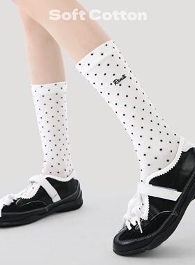 网红爆款袜子女士春夏季薄款刺绣字母中筒袜ins潮白色波点堆堆袜
