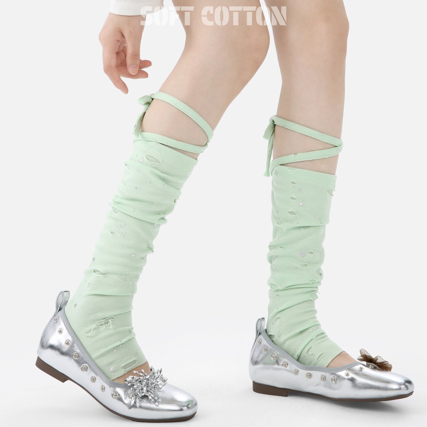 薄荷绿绑带堆堆袜套女破洞烫钻可中筒袜