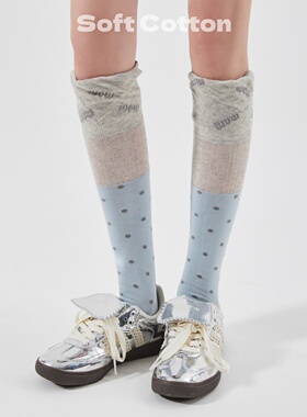 蓝色波点长筒袜子女春夏秋季韩版ins潮袜蕾丝花边撞色堆堆小腿袜