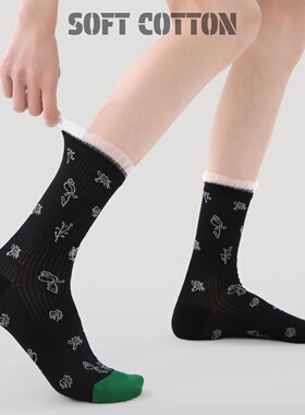 黑色袜子女中筒蕾丝花边女春夏薄款镂空网眼撞色堆堆袜日系长袜