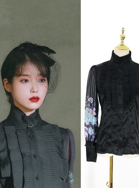 德鲁纳酒店同款衣服女主iu李智恩张满月立领印花蝴蝶结黑色衬衫