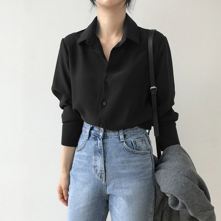 黑色衬衫女秋冬2022新款宽松叠穿内搭打底衫上衣职业通勤长袖衬衣