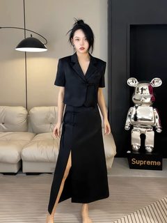 新中式国风套装女夏高级感复古盘扣西装外套上衣开叉半身裙两件套