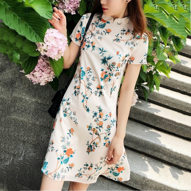 新中式改良旗袍女夏季年轻款小个子复古国风气质高级感碎花连衣裙