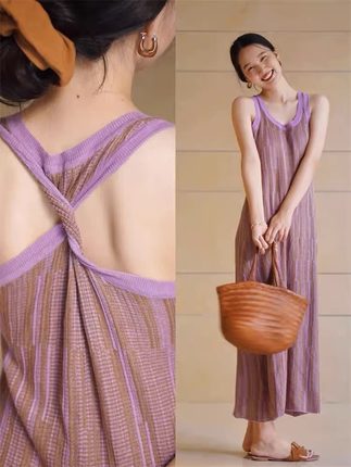 紫色吊带连衣裙女2023夏季新款垂坠感气质高级感露背无袖背心长裙