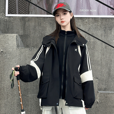 加绒加厚秋冬连帽保暖冲锋衣外套