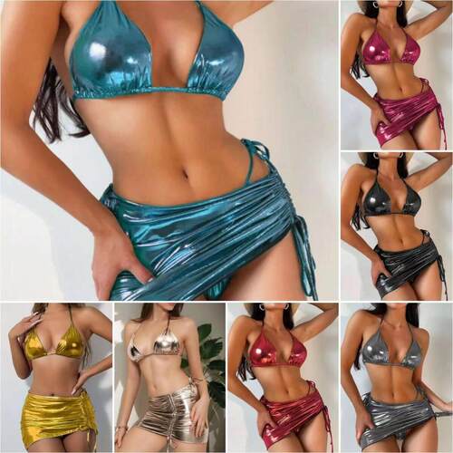 Swimsuit women's bikini shiny leather skirt three piece